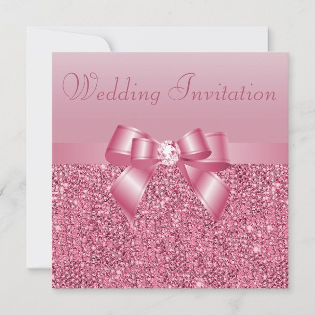 Pink Sequins, Bow & Diamond Wedding Invitation (Front)
