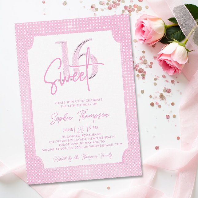 Pink Sequins Elegant Frame Calligraphy Sweet 16 Invitation (sweet 16 invitation sixteen birthday party pink sequins glitter elegant calligraphy modern fashion)