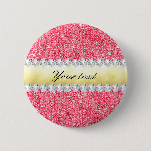 Pink Sequins Gold Foil and Diamonds 6 Cm Round Badge