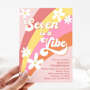 Pink Seven Is a Vibe Retro Daisy Rainbow Birthday Invitation