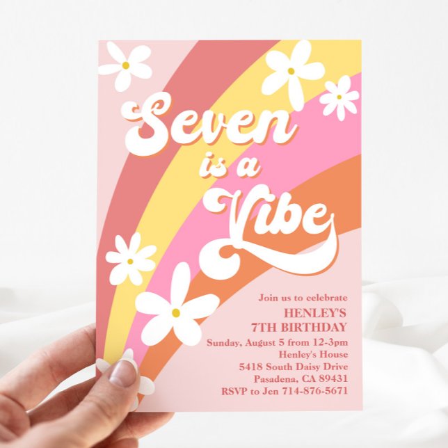 Pink Seven Is a Vibe Retro Daisy Rainbow Birthday Invitation (Creator Uploaded)
