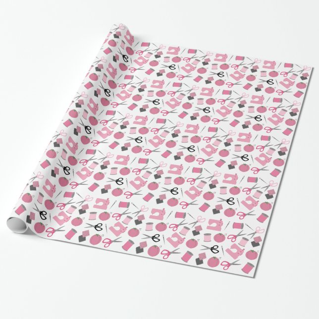 Pink Sewing Theme Pattern Wrapping Paper (Unrolled)