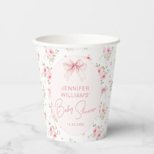 Pink Shabby Chic Bow Floral Sweet Baby Girl Shower Paper Cups
