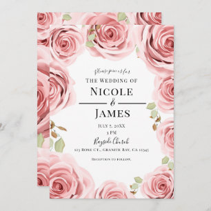 Pink Shabby Chic Floral Roses Rustic Glam Wedding Invitation