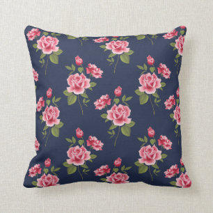 Pink Shabby Roses on Navy Blue Throw Pillow