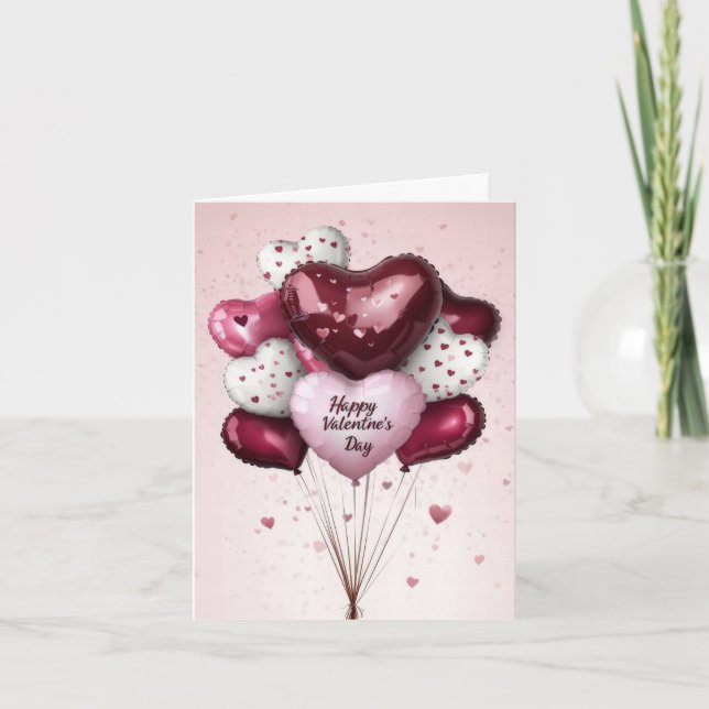 Pink shaded Heart Balloons Valentine's Greeting Holiday Card (Front)
