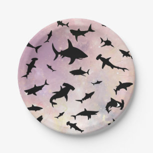 Pink shadow fish shark on gradient galaxy Space Paper Plate