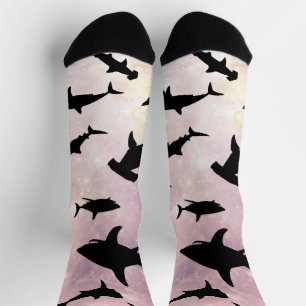 Pink shadow fish shark on gradient galaxy Space Socks
