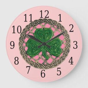 Pink Shamrock And Celtic Knots Round Clock