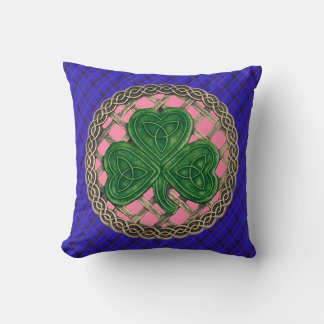 Pink Shamrock Celtic Knots On Blue Plaid Cushion (Front)
