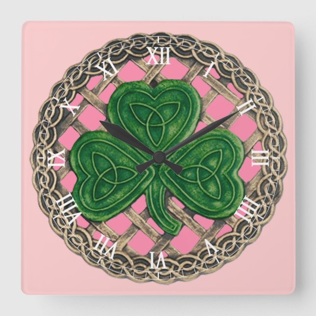 Pink Shamrock & Celtic Knots Roman Numerals Clock (Front)