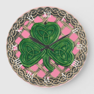 Pink Shamrock & Celtic Knots Roman Numerals Clock
