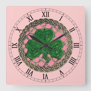 Pink Shamrock & Celtic Knots Roman Numerals Clock