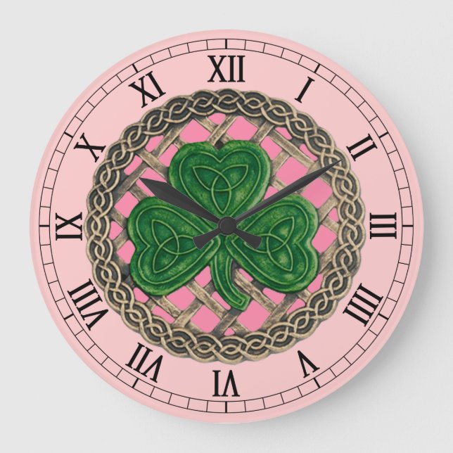 Pink Shamrock & Celtic Knots Roman Numerals Clock (Front)