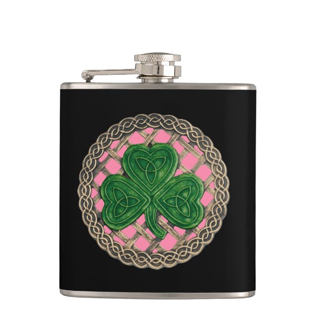 Pink Shamrock On Celtic Knots Flask (Front)