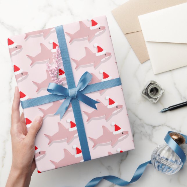 Pink Shark in Santa Hat Christmas Holiday Wrapping Paper (Gifting)
