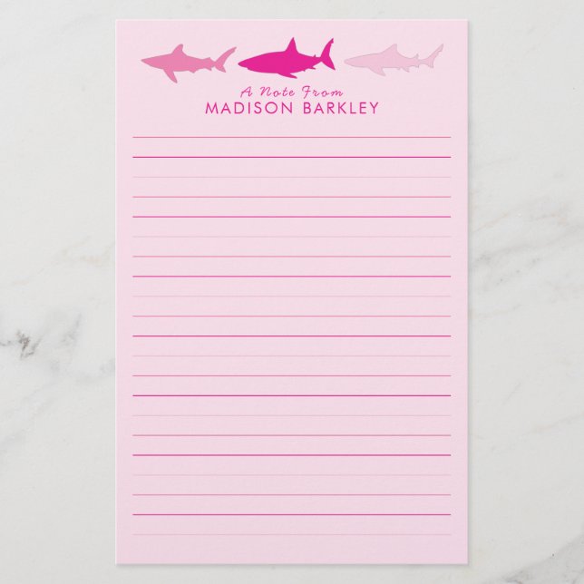 Pink Sharks Cute Kid's Stationery (Front)