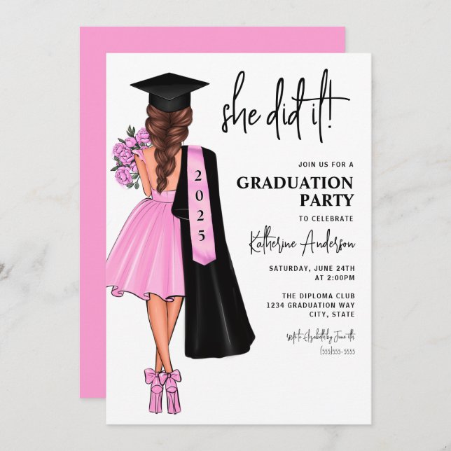 Pink She Did It Graduation Party Invitation (Front/Back)