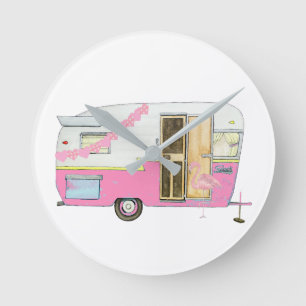 Pink She Shed Vintage Camper Trailer Round Clock