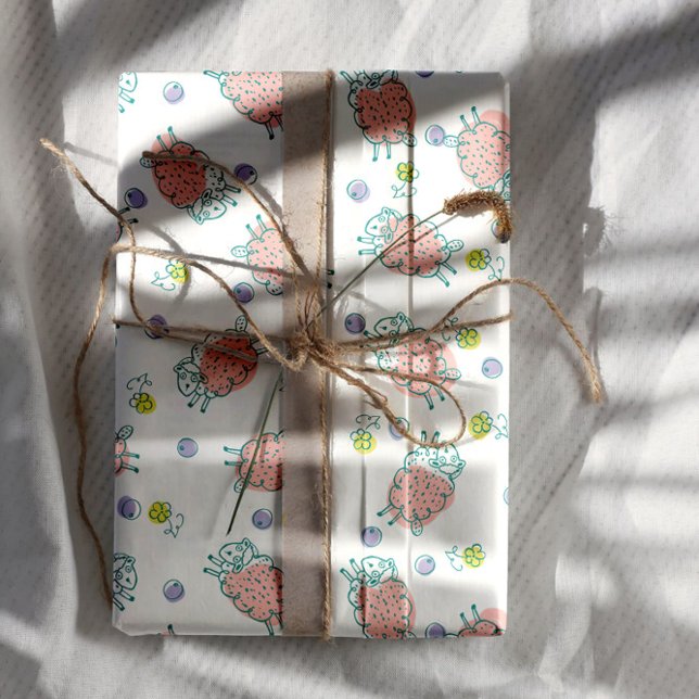 Pink Sheep with Flowers & Berries - Cute Pattern Wrapping Paper Sheet (Creator Uploaded)