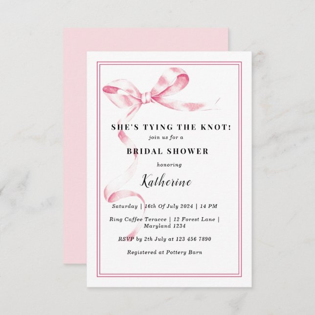 Pink She's Tying the Knot Bow Bridal Shower Invitation (Front/Back)