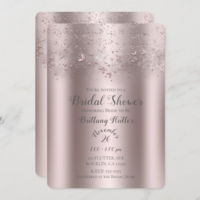Pink Shimmer Flutter Butterfly Bridal Shower Invitation (Front/Back)
