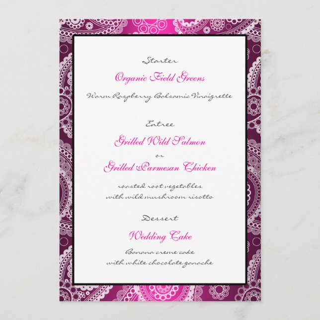 Pink Shimmer Satin White Lace Paisley Menu Card (Front)