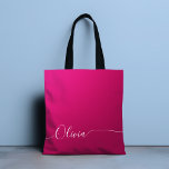 Pink Shimmer White Elegant Calligraphy Script Name Tote Bag<br><div class="desc">Pink Shimmer White Elegant Calligraphy Script Custom Personalised Add Your Own Name Monogram Tote Bag Book Bag features a modern and trendy simple and stylish design with your personalised with your name or initial in elegant hand written calligraphy script typography on a metallic pink shimmer background. Perfect gift for birthday,...</div>