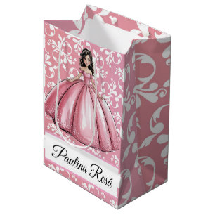 Pink Shiny Ball Gown Girl Quinceañera Party Medium Gift Bag