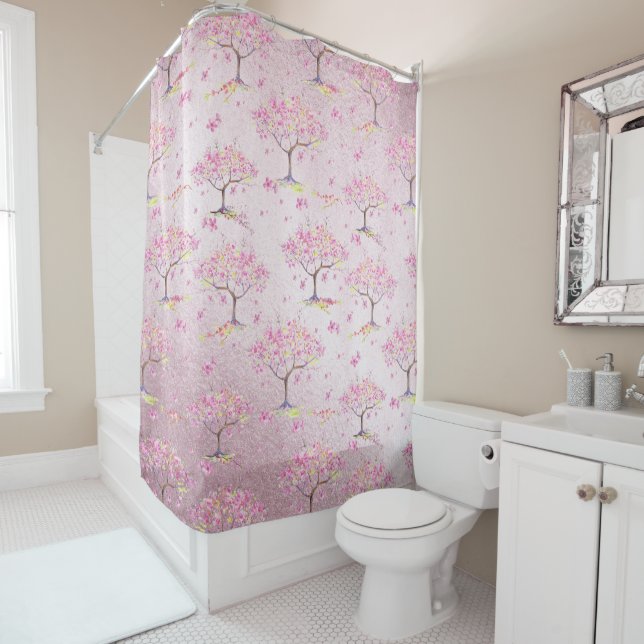 Pink Shiny Cherry Blossom Spring Pattern Shower Curtain (In Situ)