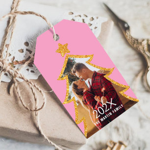Pink Shiny Christmas Tree Personalized Photo Gift Tags