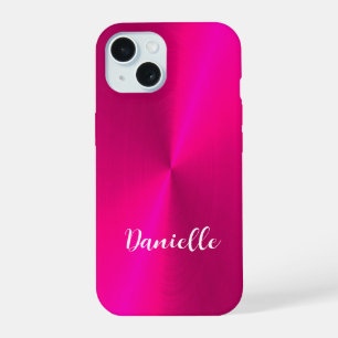 Pink shiny faux metal custom name iPhone 15 case