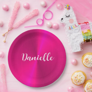 Pink shiny faux metal custom name paper plate