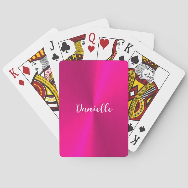 Pink shiny faux metal custom name playing cards (Back)