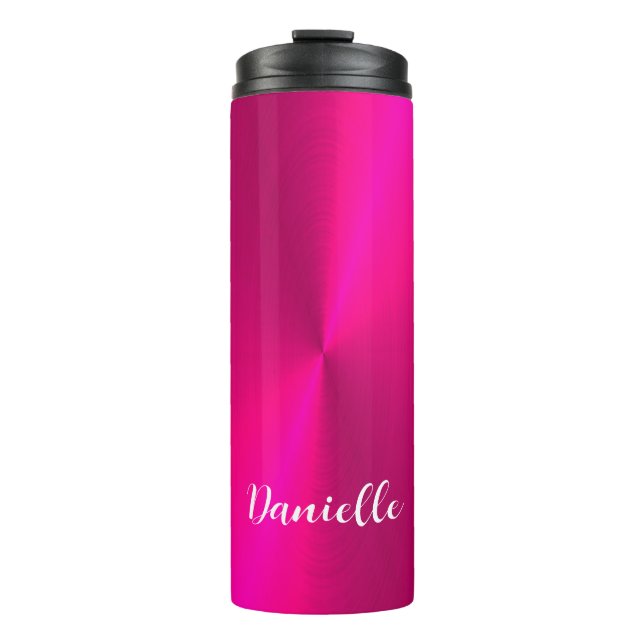 Pink shiny faux metal custom name thermal tumbler (Front)