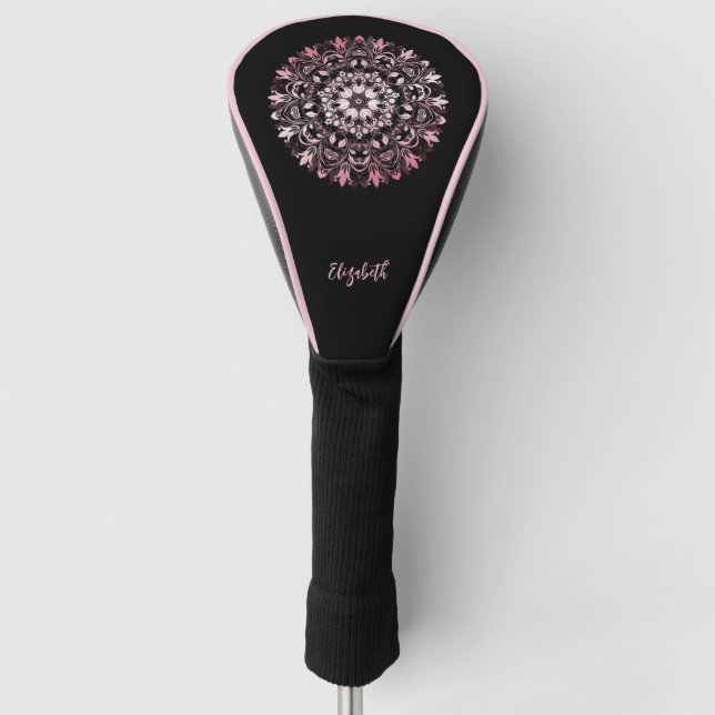Pink Shiny Mandala Black  Golf Head Cover (Front)
