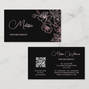 Pink Shiny Metallic Black Floral QR Code Business Card