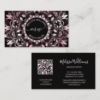 Pink Shiny Metallic Black Mandala Logo Business Card