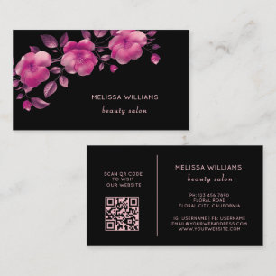 Pink Shiny Metallic Flower Black Business Card