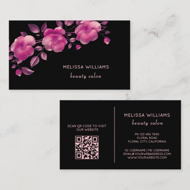Pink Shiny Metallic Flower Black Business Card (Front/Back)