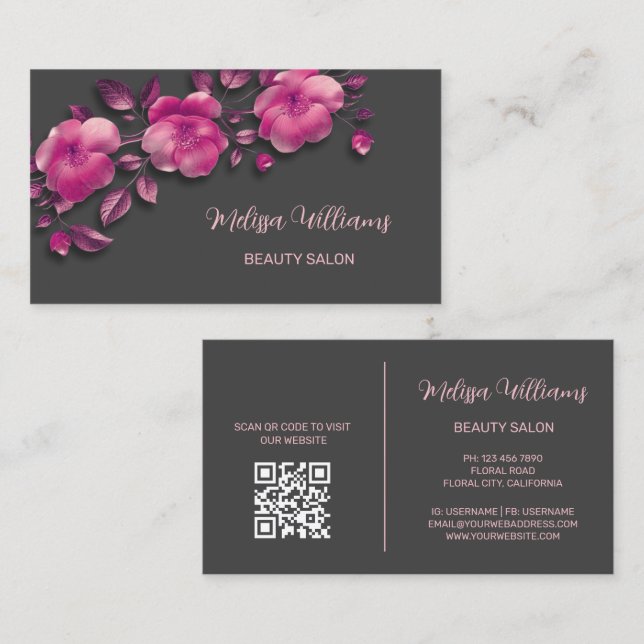 Pink Shiny Metallic Flower Grey Business Card (Front/Back)