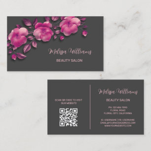 Pink Shiny Metallic Flower Grey Business Card