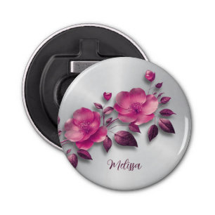 Pink Shiny Metallic Flower Silver Bottle Opener