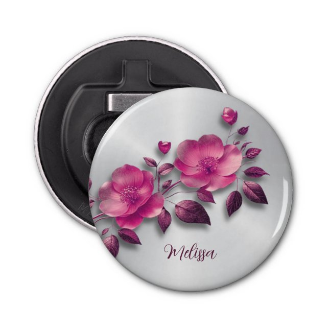 Pink Shiny Metallic Flower Silver Bottle Opener (Front)