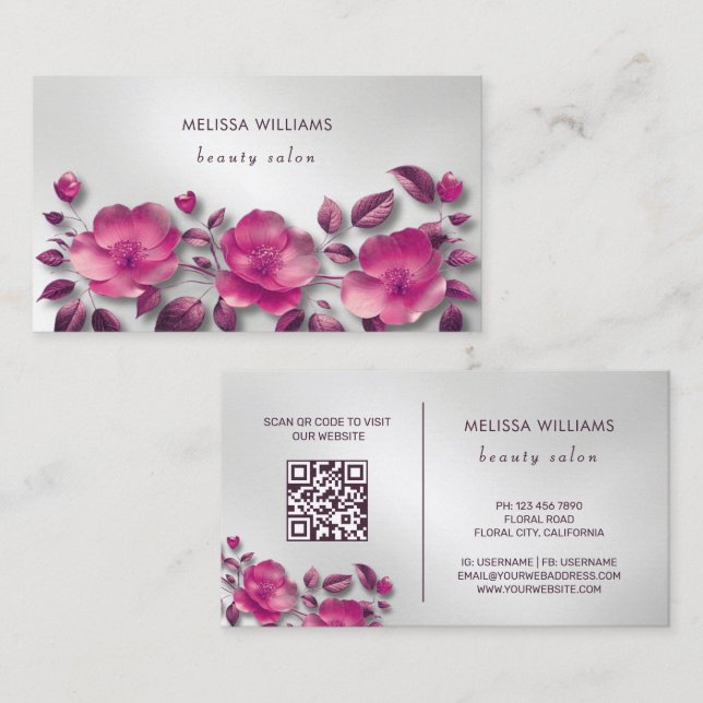 Pink Shiny Metallic Flower Silver Business Card (Front/Back)