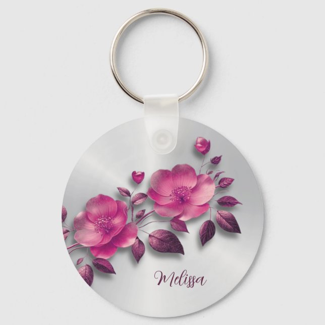 Pink Shiny Metallic Flower Silver Key Ring (Front)