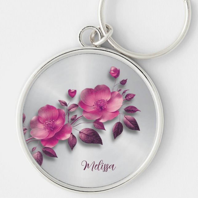 Pink Shiny Metallic Flower Silver Key Ring (Front)