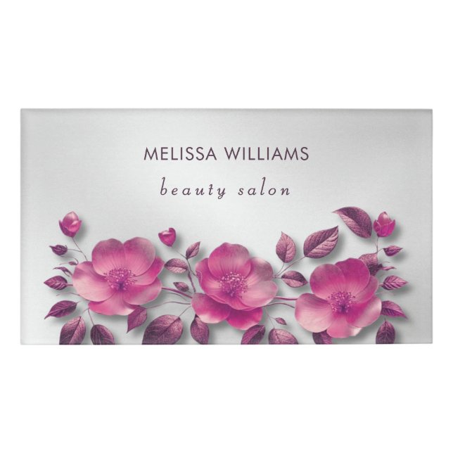 Pink Shiny Metallic Flower Silver Name Tag (Front)