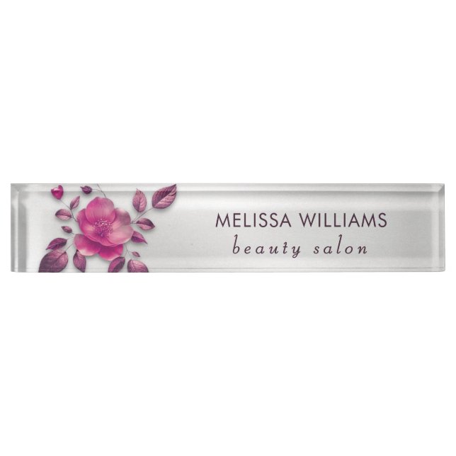 Pink Shiny Metallic Flower Silver Nameplate (Front)