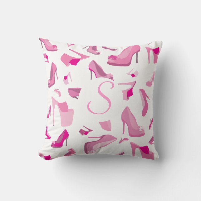 Pink Shoe Monsters monogram pillow (Front)